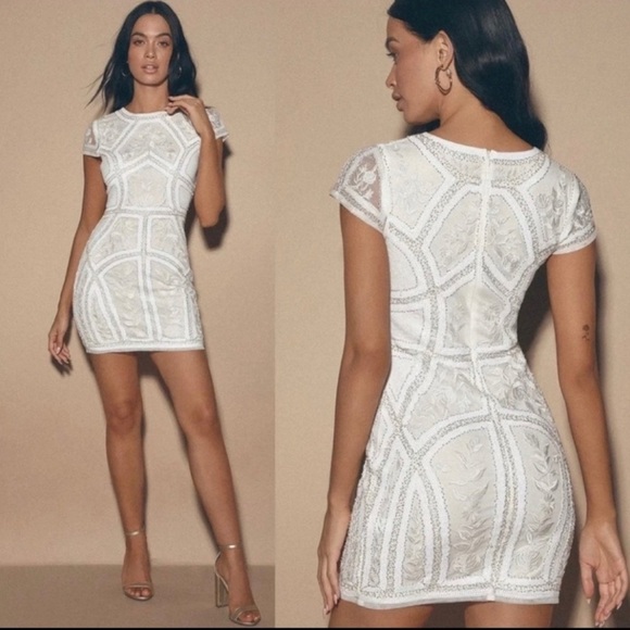 Lulus Spread Your Shine White Sequin Embroidered Bodycon Dress size M NwT - Picture 1 of 11